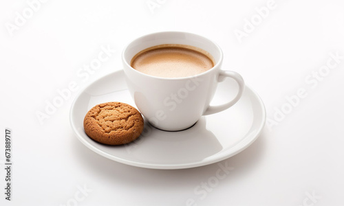 A white cup of coffee on a white background with oatmeal cookies