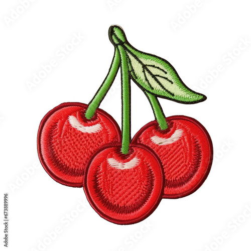 Cherry embroidery patch isolated on transparent background. Fruit decoration for fashionable girls