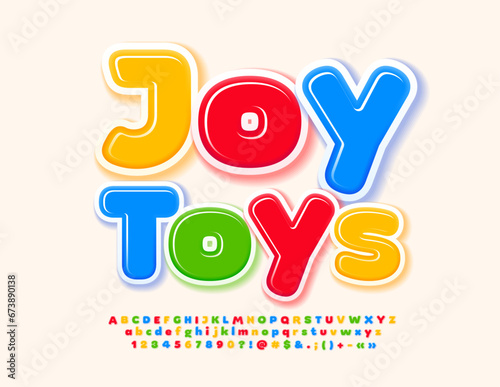 Vector bright banner Joy Toys with colorful Alphabet Letters, Numbers and Symbols. Creative playful Font