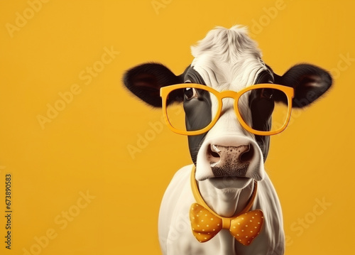 Funny cow in bright yellow glasses and yellow bow tie on bright yellow studio background with copy space