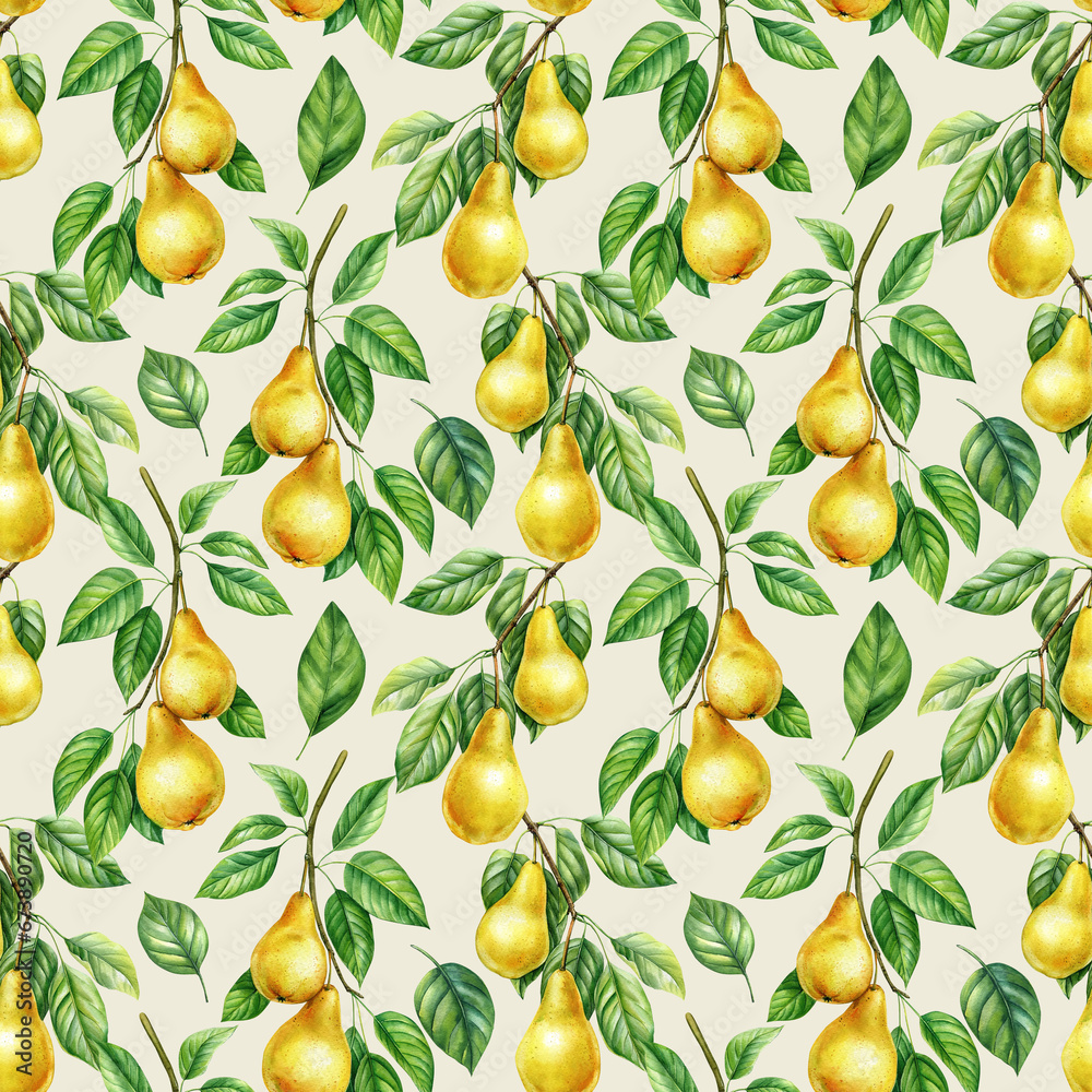 Artistic seamless background with pear fruits. Design for paper, cover, fabric, decor. Botanical watercolor fruit