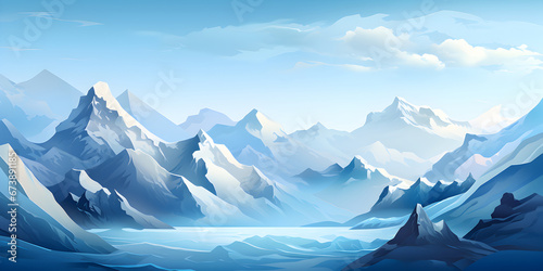 Illustration of majestic snow-capped mountain peaks with a glacier valley, under a tranquil blue sky.