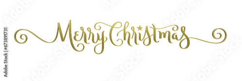 3D render of wide MERRY CHRISTMAS metallic gold brush calligraphy banner on transparent background