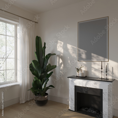 Scandinavian Style Digital Single Frame Poster Mockup with Leaf Reflection