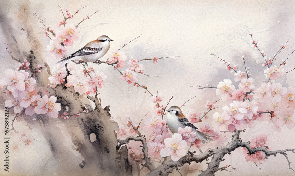 Elegant Spring Birds and Blossoming Branches. Traditional Chinese Ink ...