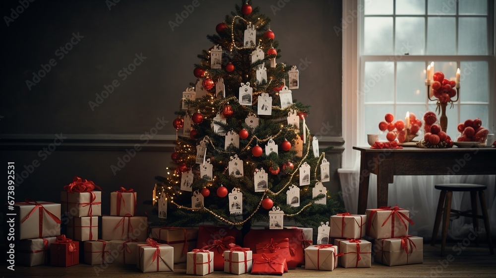 Christmas Holiday Decorated Potted Tree with Gifts and Advent Ornaments