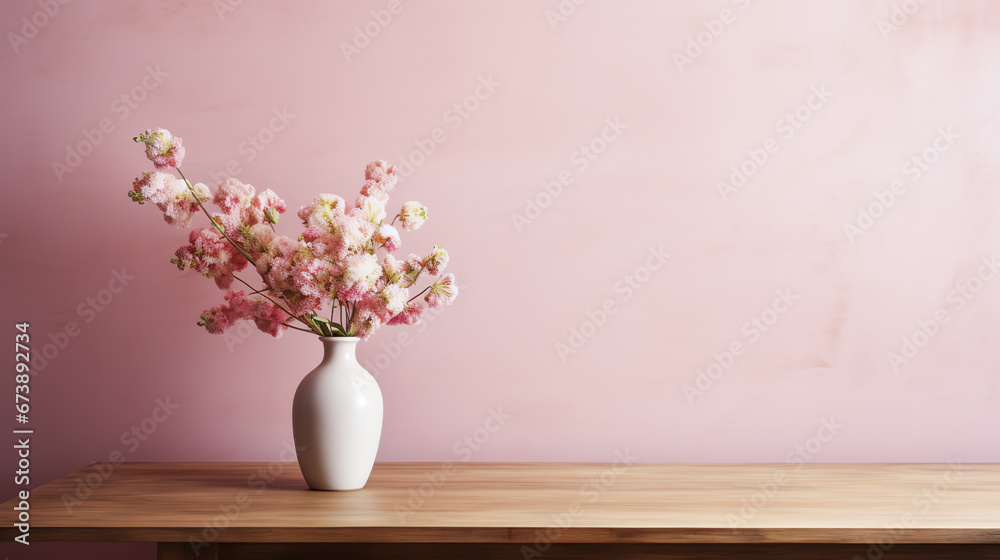Wooden table with bouquet of flowers in vase on pink background, copy space - obrazy, fototapety, plakaty 