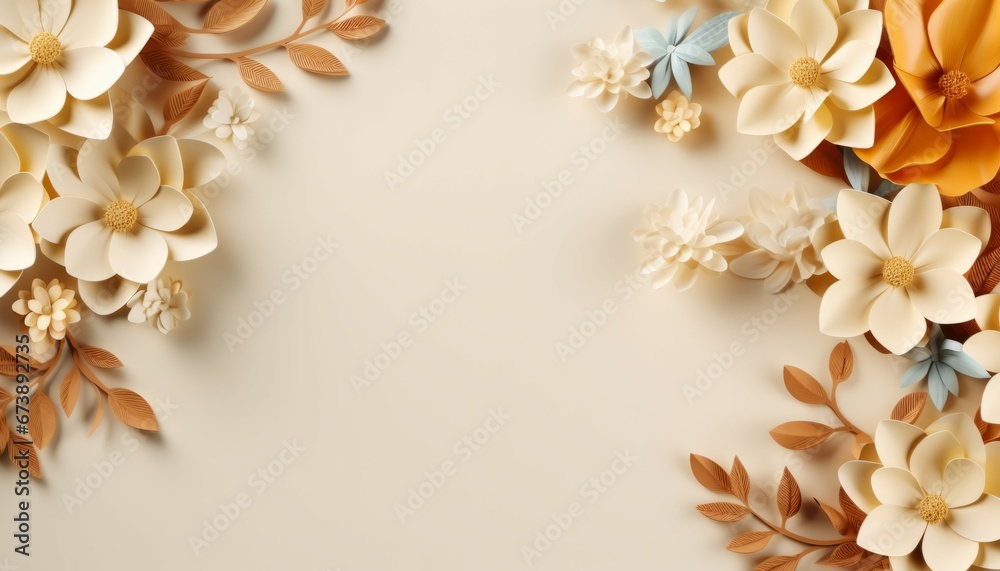 Natural beige background with flower. Front view, Copy space for text. Natural beige background with flower. Front view, Copy space for text.