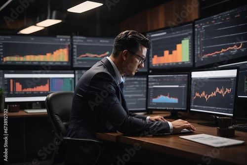 Analyst uses a laptop Showing business analytics dashboard with charts, metrics, and KPI for operations management.Data analysis.sales, marketing. Generative AI