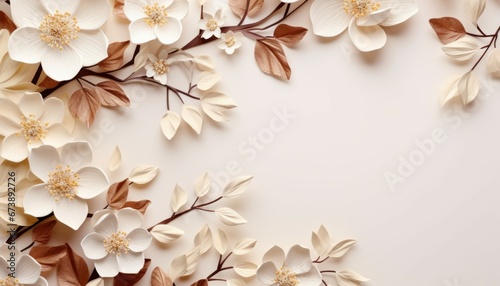 Natural beige background with flower. Front view  Copy space for text.