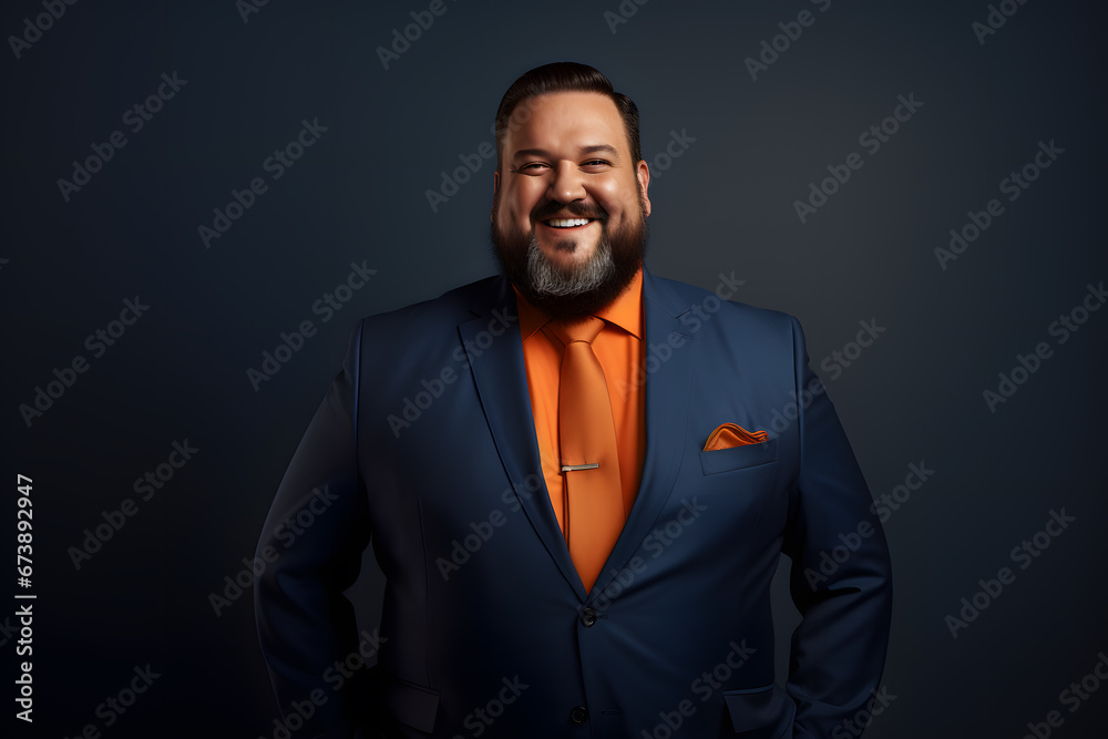 Slightly overweight businessman smiling confidently. Bold and vibrant clean minimalist studio portrait, copy space.