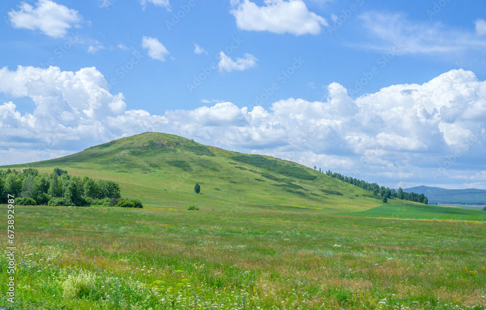 Beautiful hills covered with fresh greenery with cloud shadows.