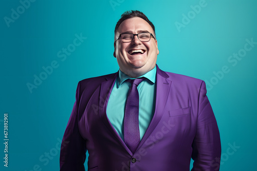 Slightly overweight businessman smiling confidently. Bold and vibrant clean minimalist studio portrait, copy space.