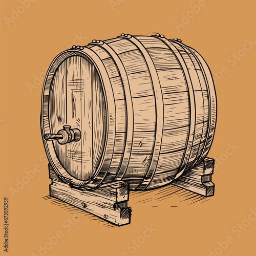 Oak wooden barrel sketch. Hand drawn engraving style. Vintage vector © baobabay