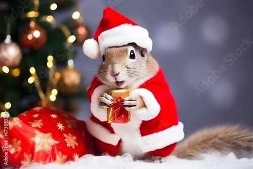 Portrait of a squirrel Dressed in a Red Santa Claus Costume in Studio with Colorful Background © Mihai Zaharia