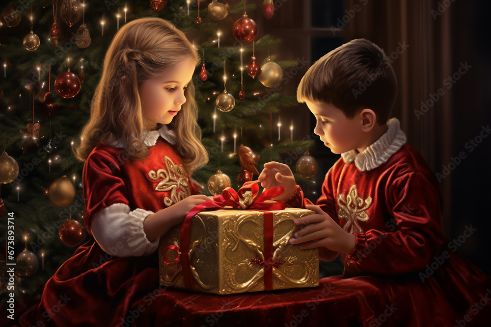 Christmas Magic: Children Unwrap Presents by the Twinkling Lights of a Festive Tree