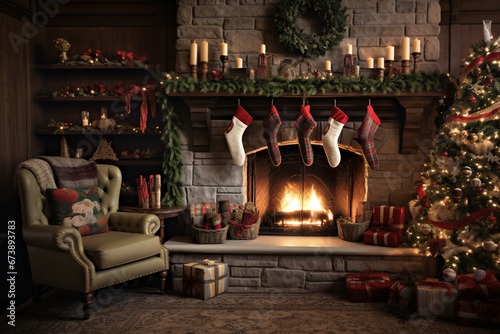 Festive Christmas Scene: Cozy Living Room, Decorated Tree, and Warm Fireplace