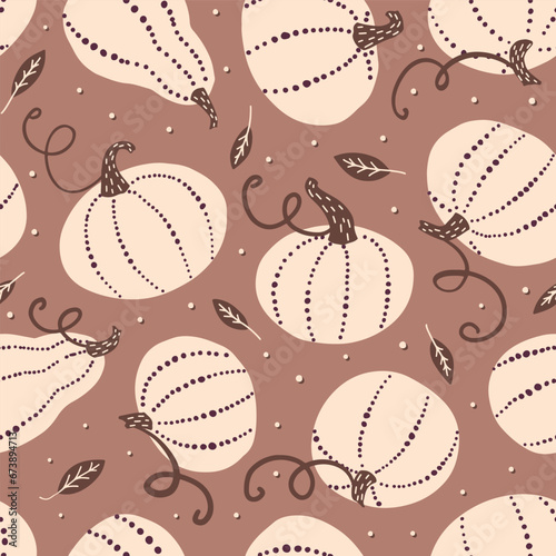 Happy Halloween print with cute cartoon pumpkins. Boho pumpkins vector seamless pattern. Textile