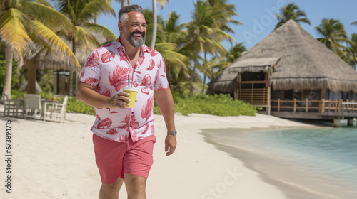 adult man walking happily, with a drink in his hand, on a paradisiacal beach with palm trees on a beautiful sunny day, dressed in a red shorts and a flowered shirt. Vacation concept.