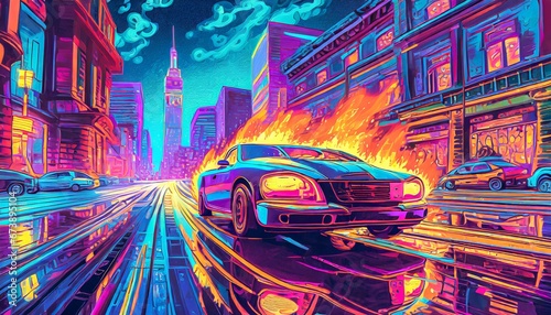 Cyberpunkowy płonący samochód na tle miasta