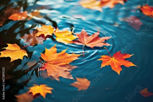 Colorful fall leaves in pond lake water  floating autumn wet leaf.