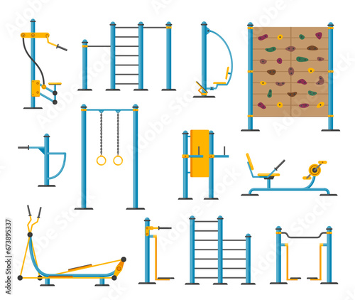 Outdoor workout equipment fitness street gym sport playground set isometric vector illustration