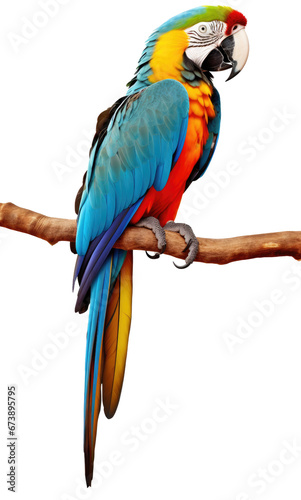 Macaw parrot on a branch isolated on transparent or white background, PNG photo