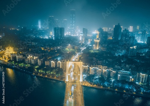 Aerial view of Hongguang Bridge and urban central area in Liuzhou, Guangxi, China, Asia photo