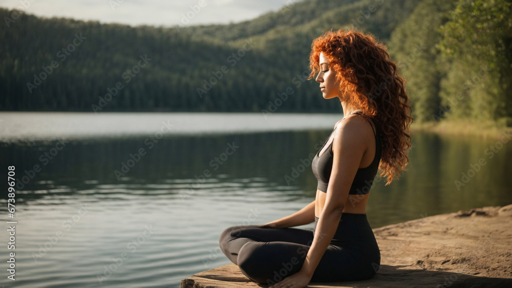 Bellissima ragazza con capelli rossi e ricci mentre fa yoga e meditazione in riva ad un lago circondato da montagne e foreste