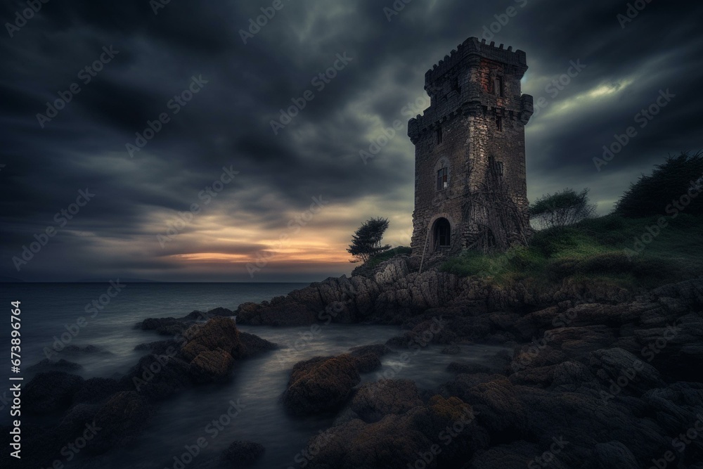 eerie tower by the sea. Generative AI