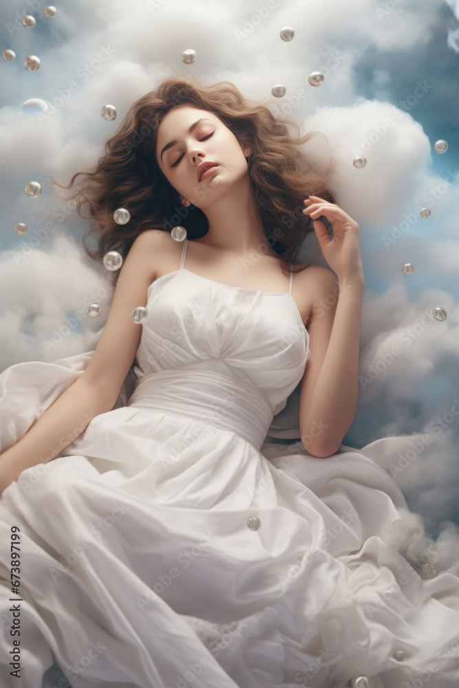 beautiful caucasian woman sleeping calm in bed of clouds dreaming, healthy rest concept, Generative AI beautiful caucasian woman sleeping calm in bed of clouds dreaming, healthy rest concept, Generative AI