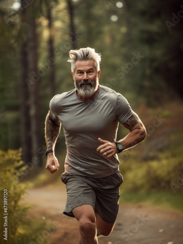 happy mature man jogging in park, retired old male running in woods, generative AI