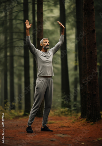 happy mature man stretching in park, retired old male doing yoga in woods, generative AI