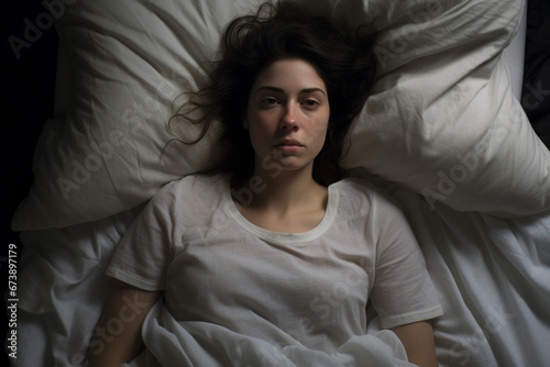 stressed woman in bed late at night suffering from insomnia, sleep disorder, Generative AI
