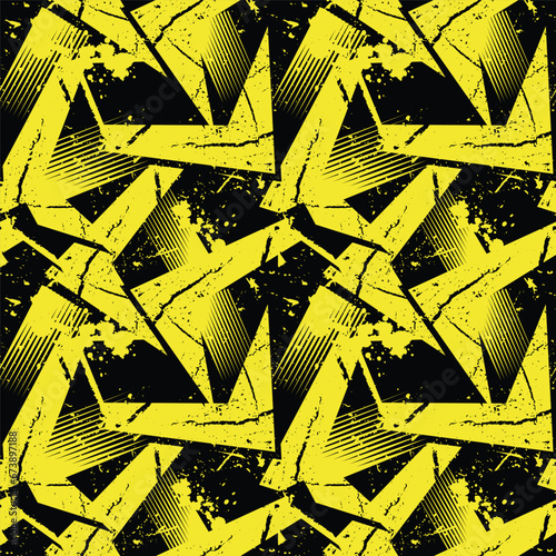 Abstract seamless geometric pattern with curved lines, dots, Shabby shape elements, colorful spray paint ink. Grunge urban pattern for boy, girl, sport clothes, wrapping paper.