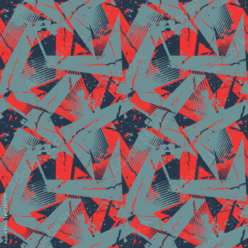 Abstract seamless geometric pattern with curved lines, dots, Shabby shape elements, colorful spray paint ink. Grunge urban pattern for boy, girl, sport clothes, wrapping paper.