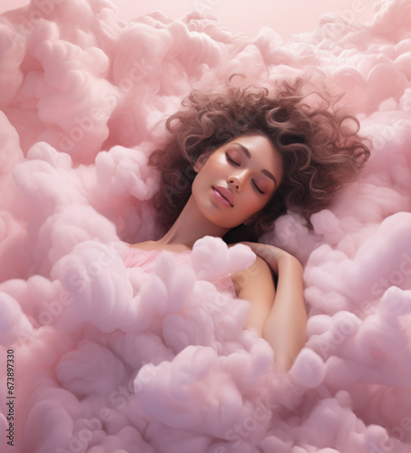 beautiful caucasian woman sleeping calm in bed of clouds dreaming, healthy rest concept, Generative AI