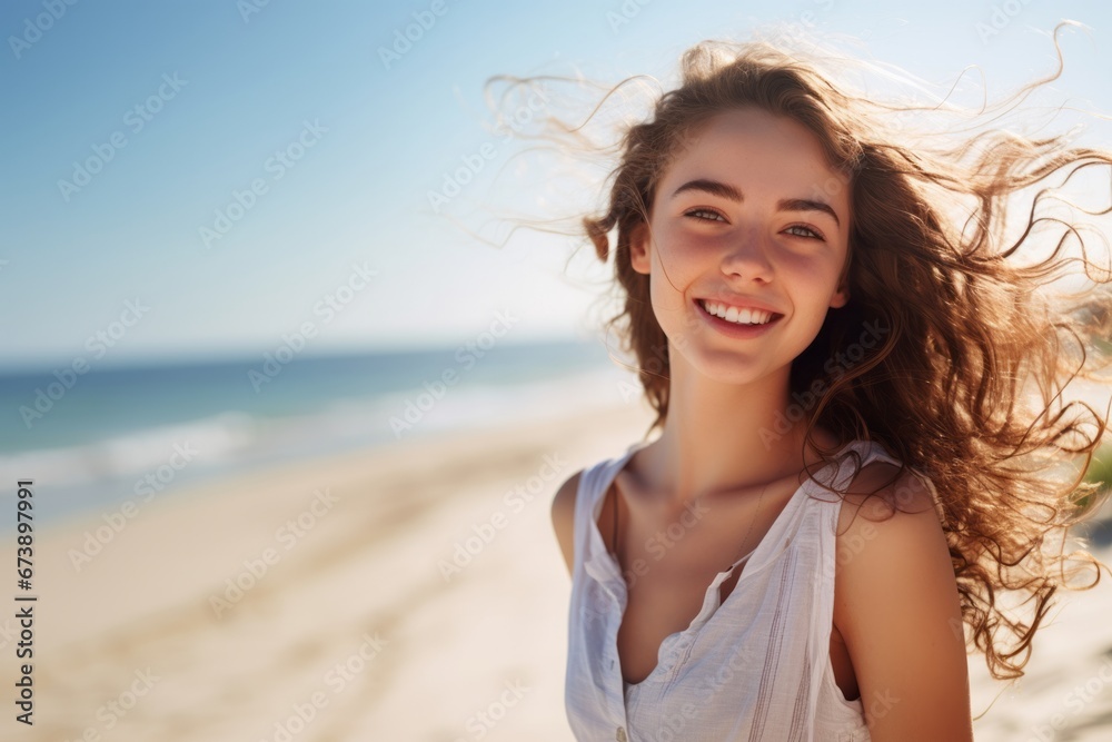 Young smiling girl walking on the beach in a sunny day