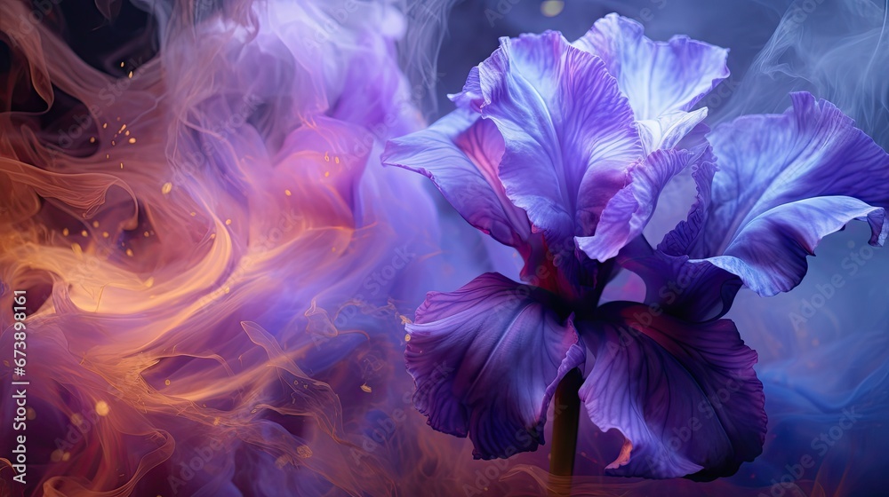  a close up of a purple flower on a blue and purple background with a red and yellow smoke trail behind it.  generative ai - obrazy, fototapety, plakaty 