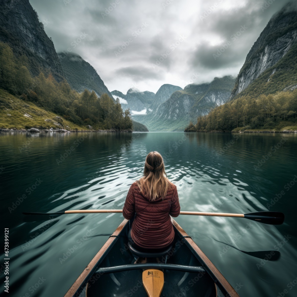 Woman canoeing between the fjords