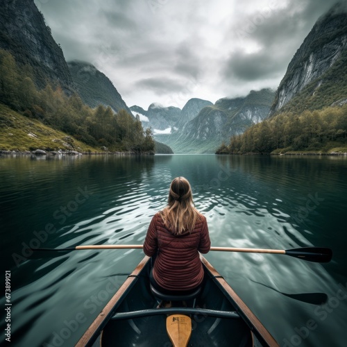 Woman canoeing between the fjords