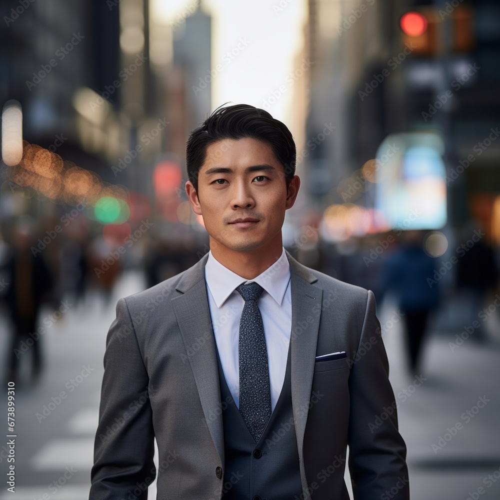 Asian businessman walking through city on his commute Asian businessman walking through city on his commute