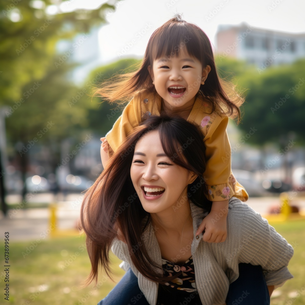 Cute young daughter on a piggy back ride with her mother. Cute young daughter on a piggy back ride with her mother.