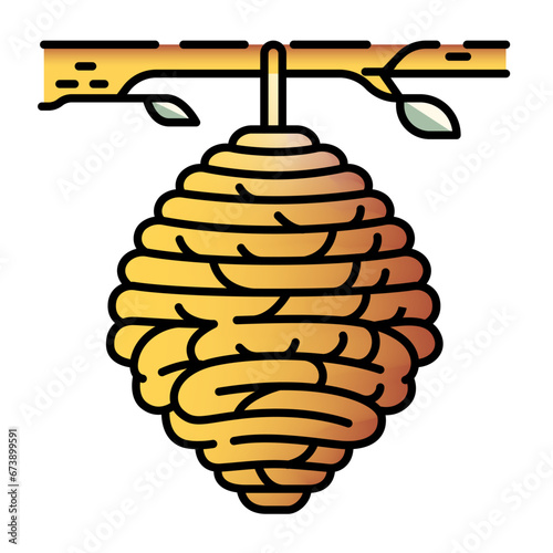 Hornets nest hanging from a tree branch, with a round shape and intricate patterns vector illustration, bees hornet nest colored and black and white line art stock vector image