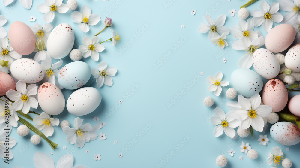 creative easter layout. horizontal pattern made with spring flowers and eggs on a pastel blue background. copy space. top view. flat lay 