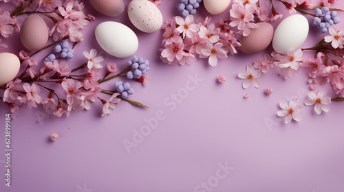 creative easter layout. horizontal pattern made with spring flowers and eggs on a pastel lilac background. copy space. top view. flat lay 