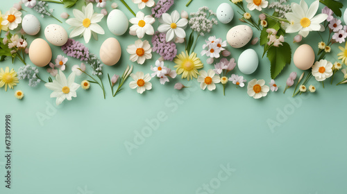 creative easter layout. horizontal pattern made with spring flowers and eggs on a pastel green background. copy space. top view. flat lay