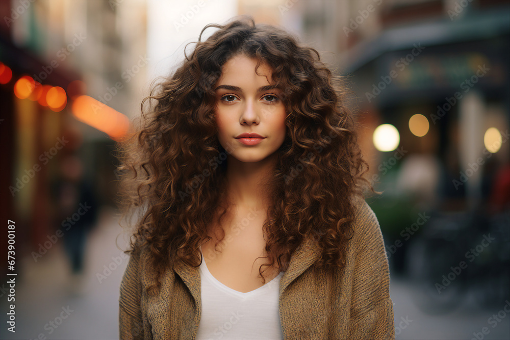 Generative AI illustration of young girl with curly hair traveling go shopping abroad