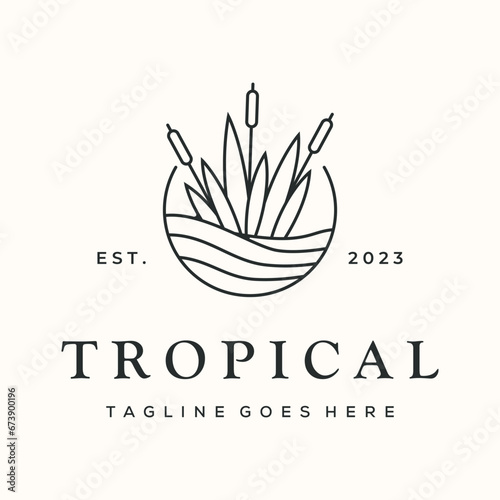 tropical cattail line art logo vector minimalist illustration design, cattails aquatic flower logo design