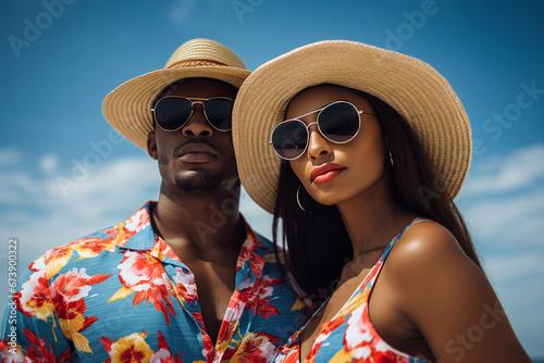 Generative AI picture portrait of a beautiful married people spending honeymoon anniversary on a tropical beach on a sunny day photo